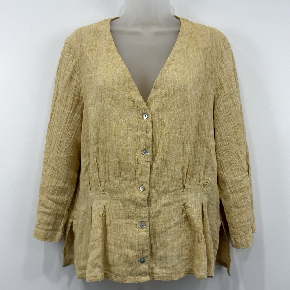 Poetry Linen Top 8 Butter Yellow Lagenlook Boxy Button Up Coastal Beachy Boho